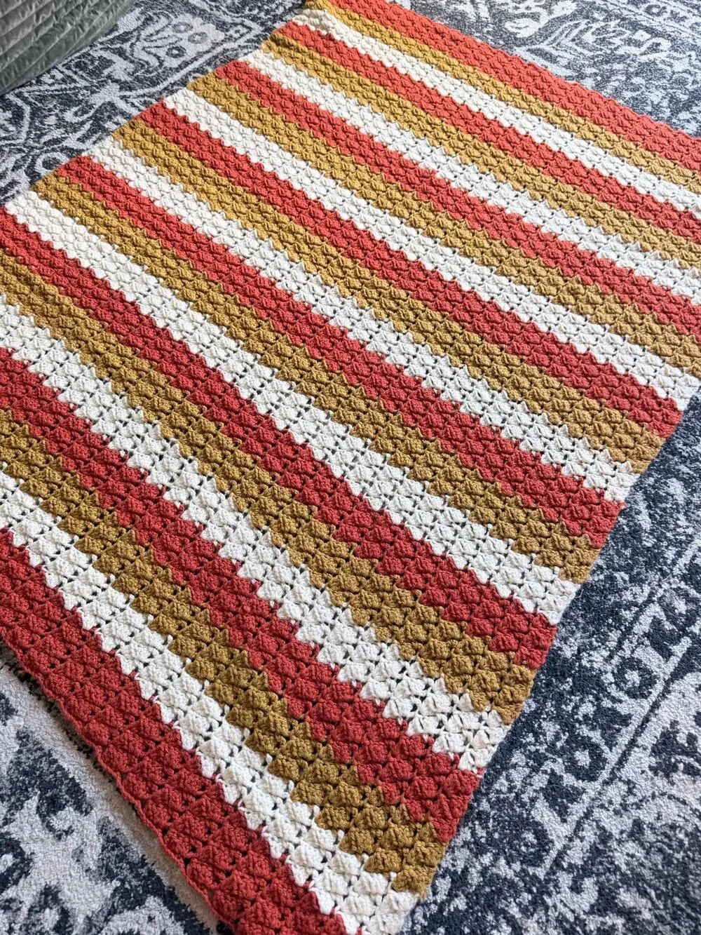 Vintage 70s Handmade Striped Crochet Afghan Orange/yellow/cream Blanket 50x42